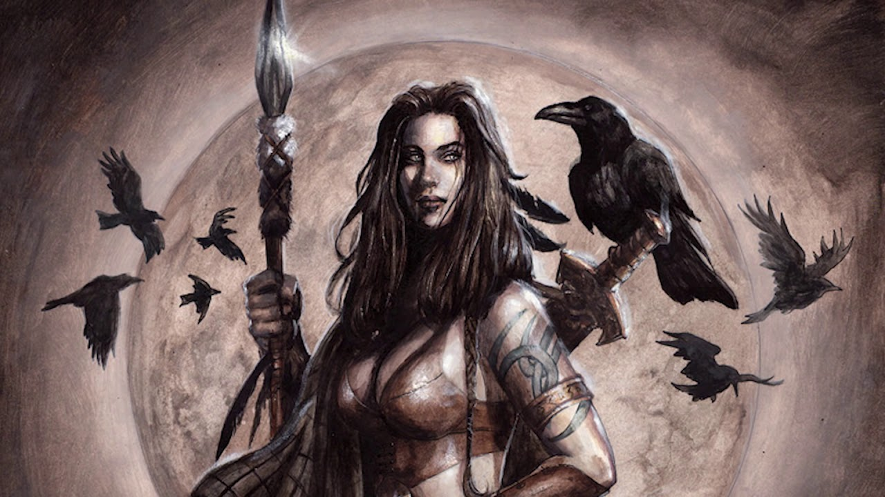 A black and white depiction of Morrigan in a corset with a sword and crow on her back and a spear in her hand as crows fly behind her during a full moon.