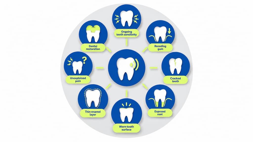 Diagram of situations that call for extra care before whitening again: ongoing tooth sensitivity, receding gums, cracked teeth, exposed roots, worn tooth surfaces, thin enamel, unexplained pain, and dental restorations