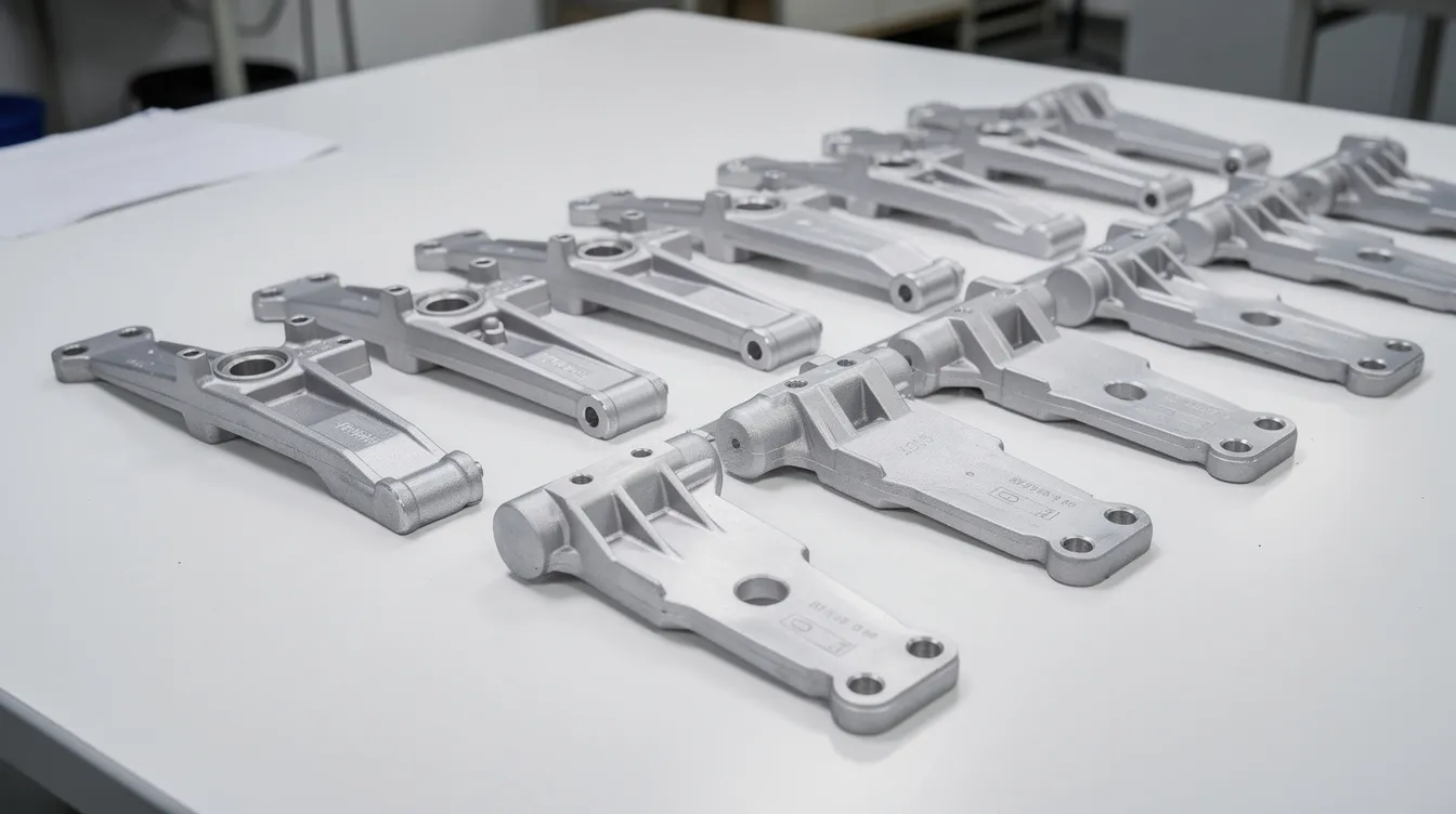 The image depicts multiple precision aluminum die cast automotive brackets arranged neatly on an inspection table, showcasing their excellent dimensional accuracy and smooth surface finishes, a result of the high pressure die casting process. These brackets are designed for high volume production, ensuring tight tolerances and light weight for automotive applications.