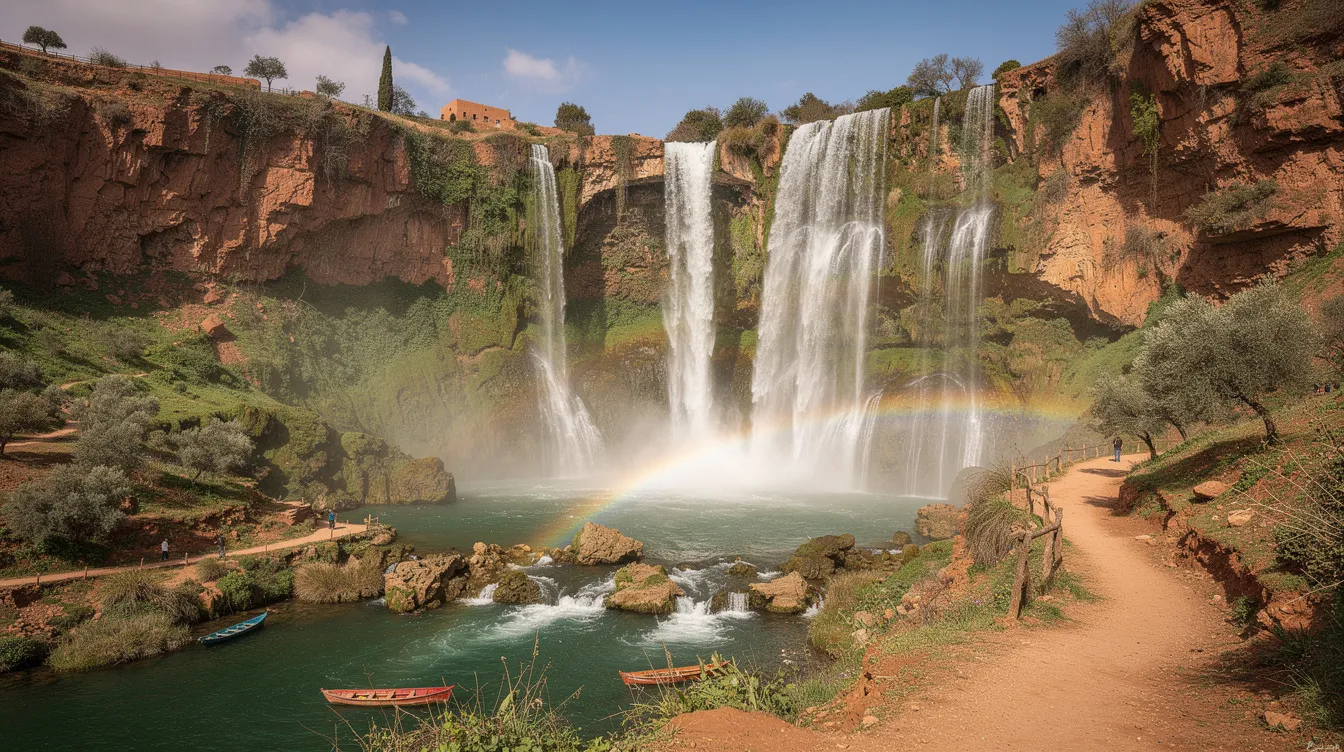 A imagem mostra as impressionantes Cataratas de Ouzoud, com suas águas cristalinas caindo em cascata entre as rochas imponentes, cercadas por uma vegetação exuberante. Este destino em Marrocos é um local popular para turistas que buscam uma experiência única na natureza, refletindo a rica cultura e tradição do país.