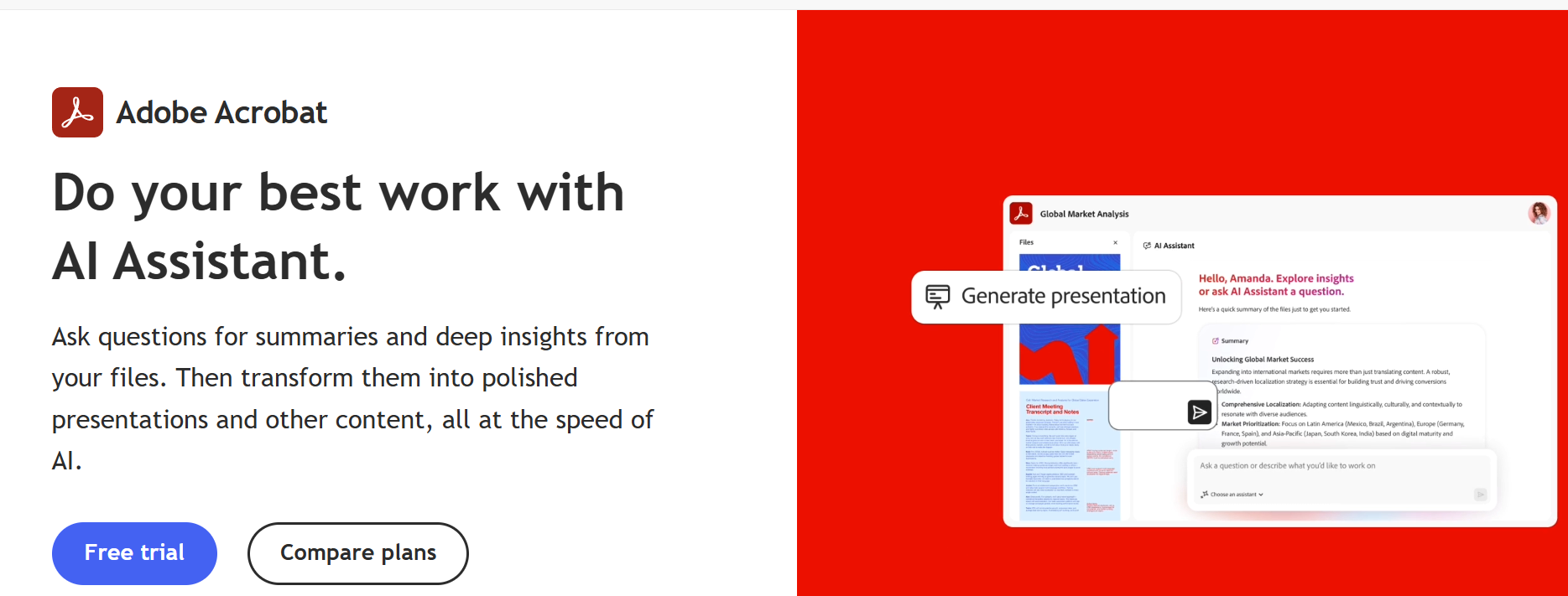 Adobe Acrobat AI Assistant interface showcasing AI-powered document insights, summaries, and content generation features.