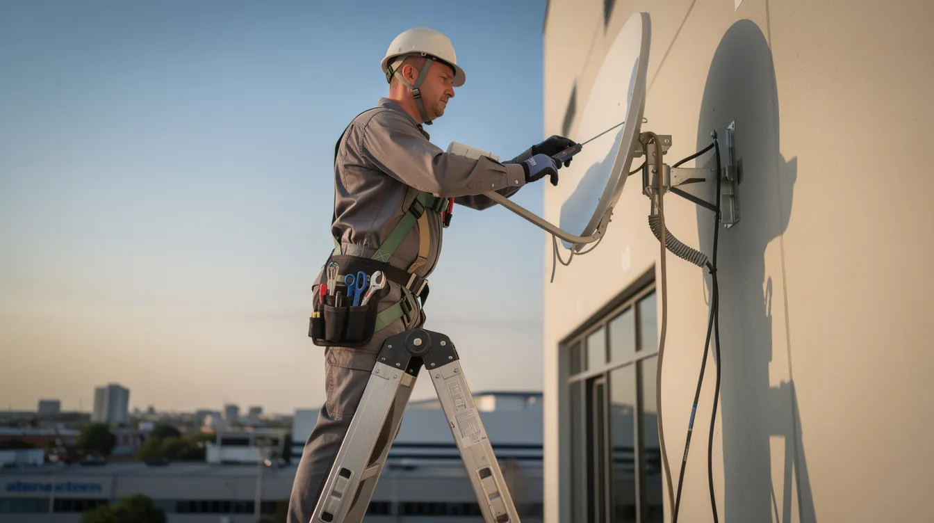 A professional technician is seen on a ladder, diligently working on the installation of a satellite dish, showcasing the expertise of accredited DSTV installers. This image highlights the importance of professional DSTV installation services for achieving the best viewing experience in bothasig.