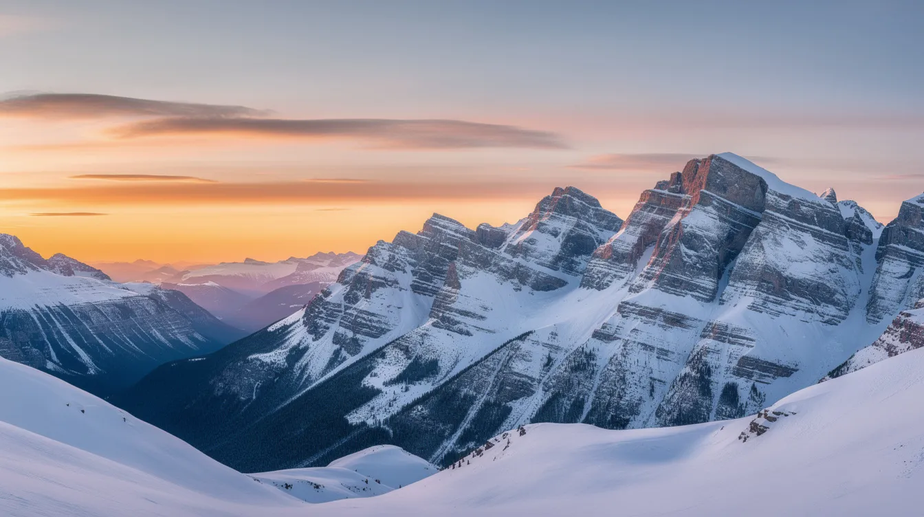 A breathtaking landscape photograph showcases the snow-covered peaks of the Canadian Rockies, illuminated by a vivid sunrise featuring soft pink and orange gradients in the sky. This stunning image captures incredible detail and rich color, making it an ideal choice for high-quality photo prints or wall decor.