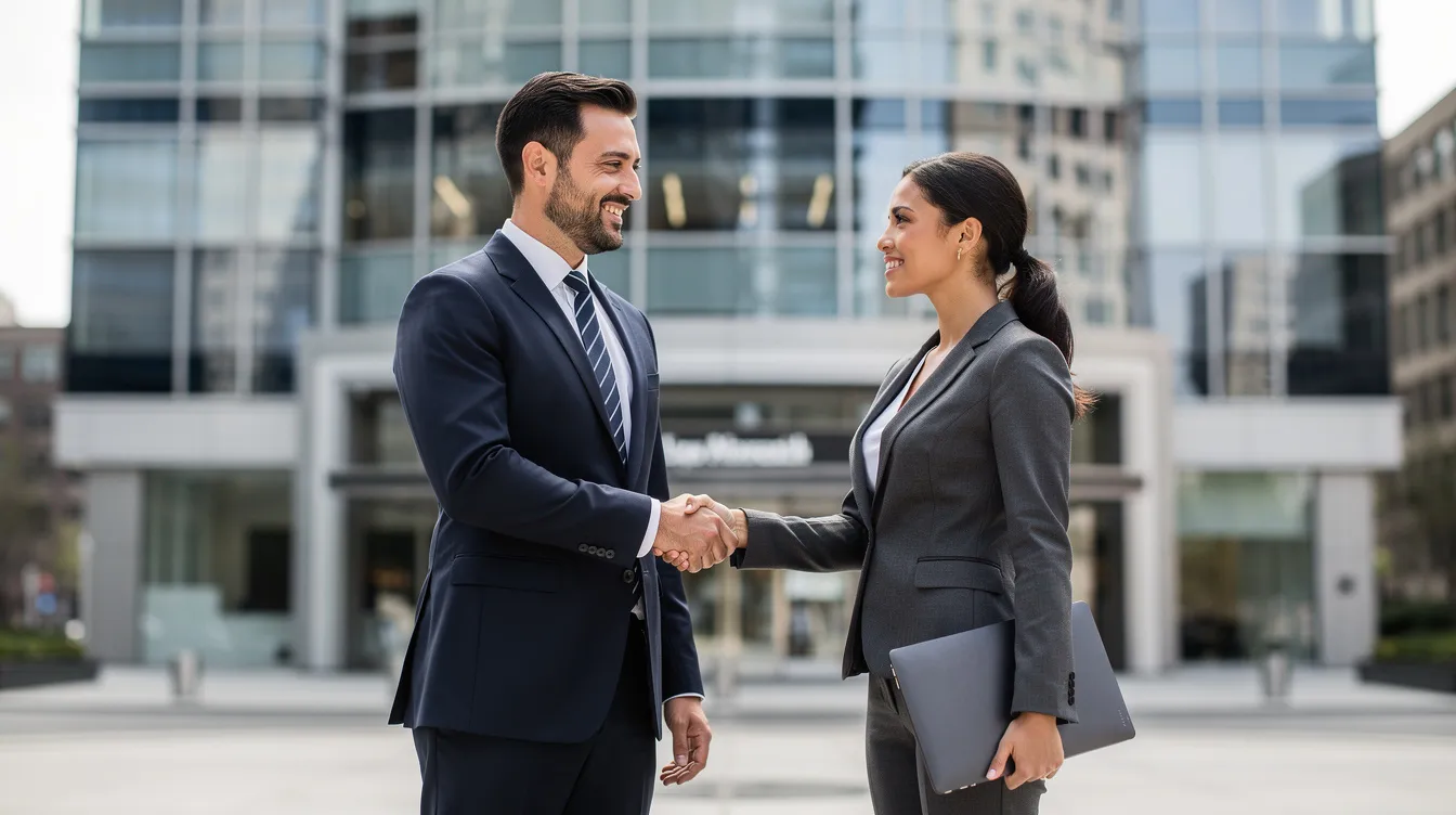 The image depicts two business professionals shaking hands in front of a modern commercial building, symbolizing a successful real estate deal. This gesture represents the raising of capital and the establishment of trust between equity investors and fund managers in the realm of real estate investment.
