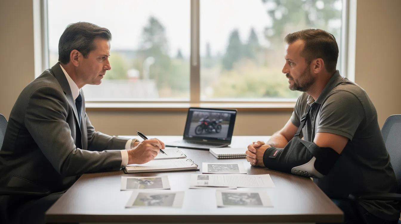 In a modern law office in Kent, Washington, a professional motorcycle accident lawyer is seated across from an injured motorcycle rider, both reviewing documents and accident photos on the desk. The lawyer is calmly explaining the details of the case, while the client listens attentively, reflecting the serious nature of their personal injury lawsuit and the journey towards seeking fair compensation for common motorcycle accident injuries.