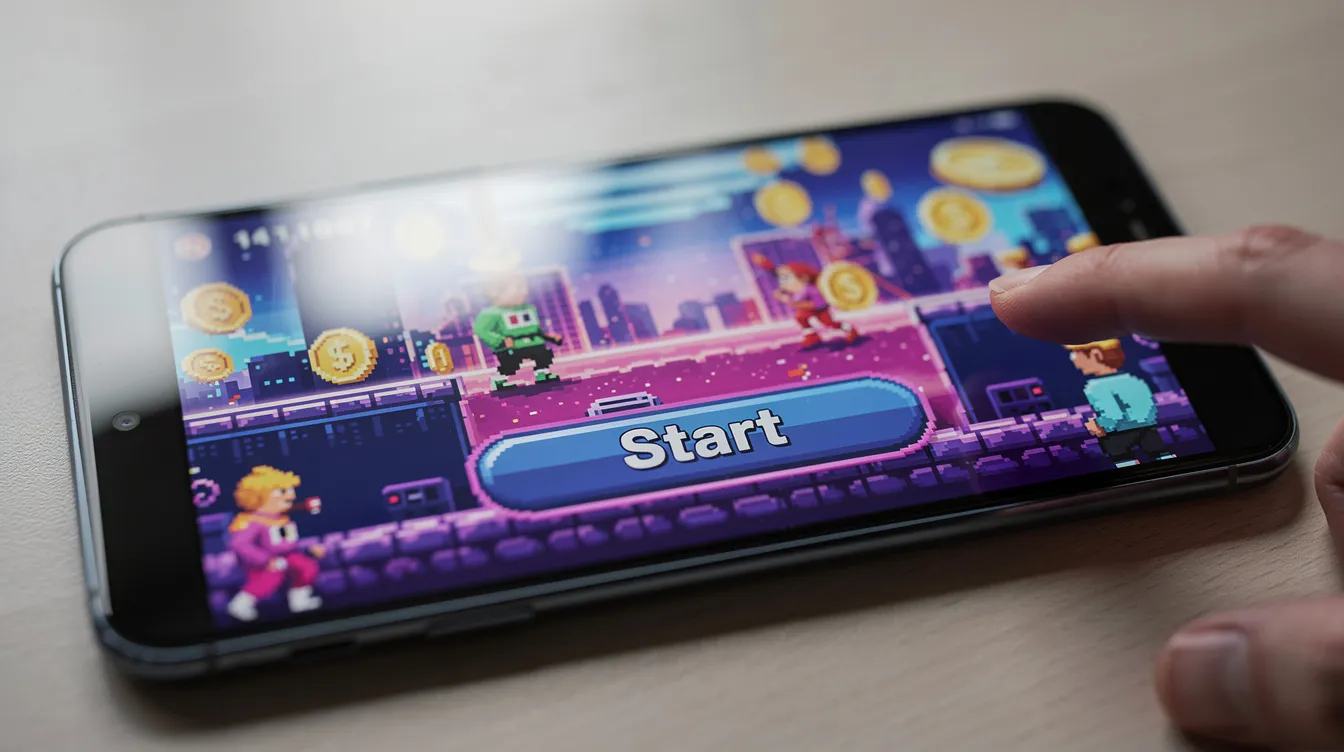 Auf dem Smartphone-Bildschirm ist ein buntes Arcade-Spiel zu sehen, während ein Finger auf einen Button tippt. Das Spiel könnte Teil einer Online-Casino-App sein, die Spielern spannende Erlebnisse und Chancen auf Gewinne bietet.