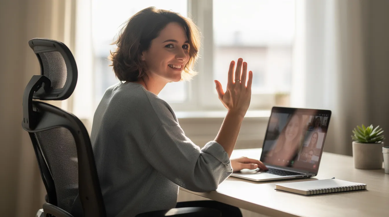 A person is sitting at a desk with a laptop open, waving during a video call, while daylight streams through a window behind them. The scene captures a moment of connection, possibly discussing the time difference between the United Kingdom and India, highlighting the importance of coordinating meetings across different time zones.