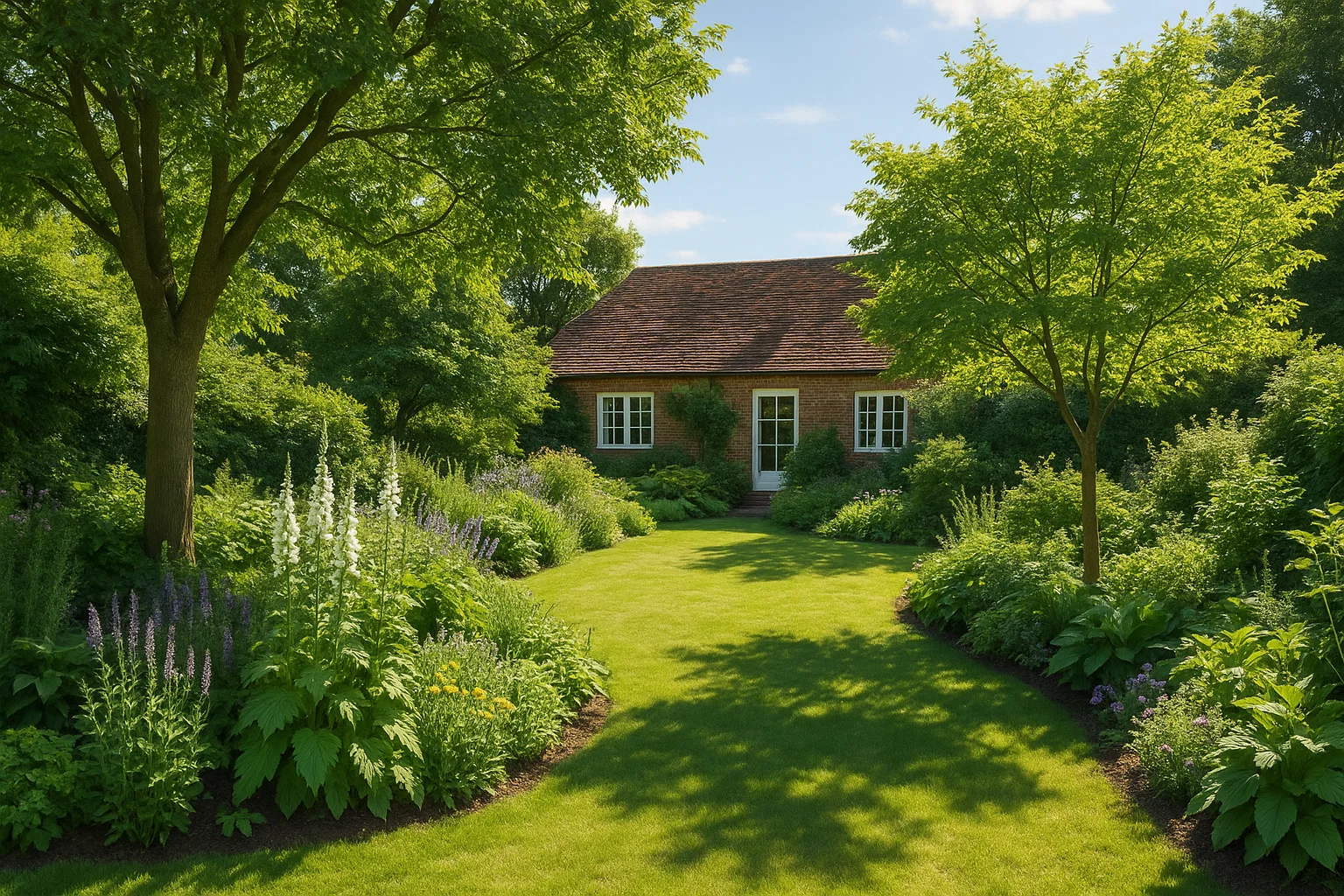 Sustainable UK garden with strategic planting for energy efficiency.