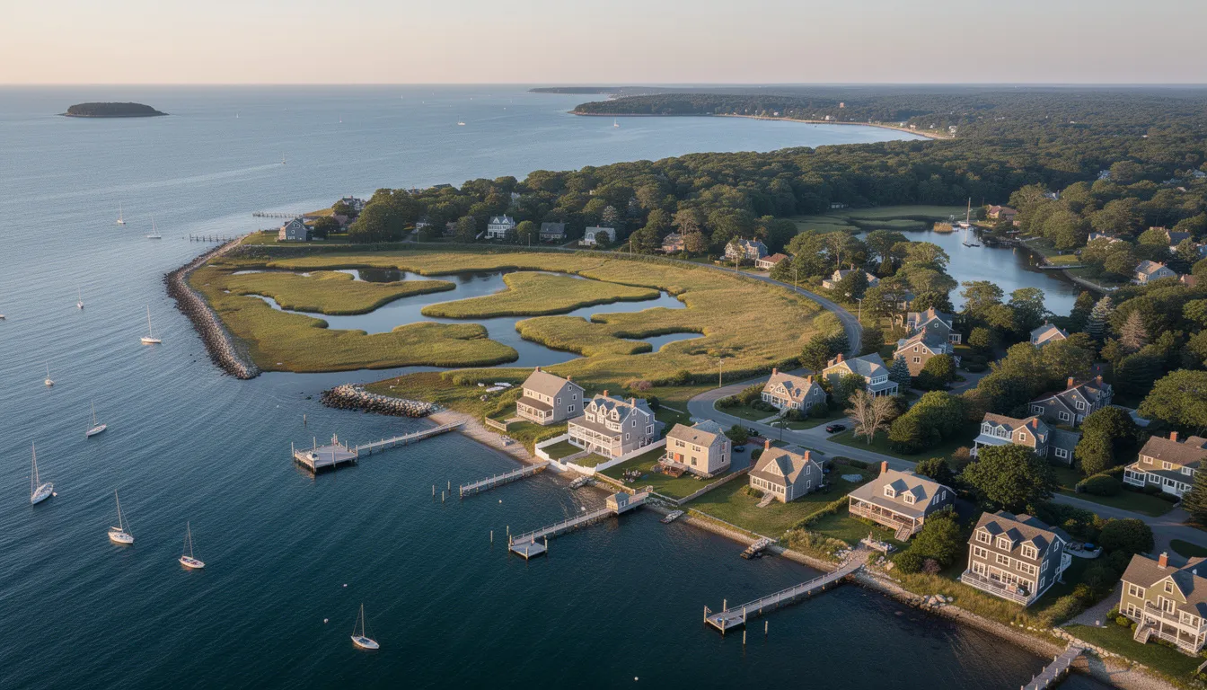 An aerial view of the Connecticut shoreline showcases coastal homes along the picturesque Long Island Sound, illustrating the beauty of real estate in this region. This image reflects the home buying process, where potential buyers may consider factors such as financing contingencies and home inspections as they navigate their real estate transactions.