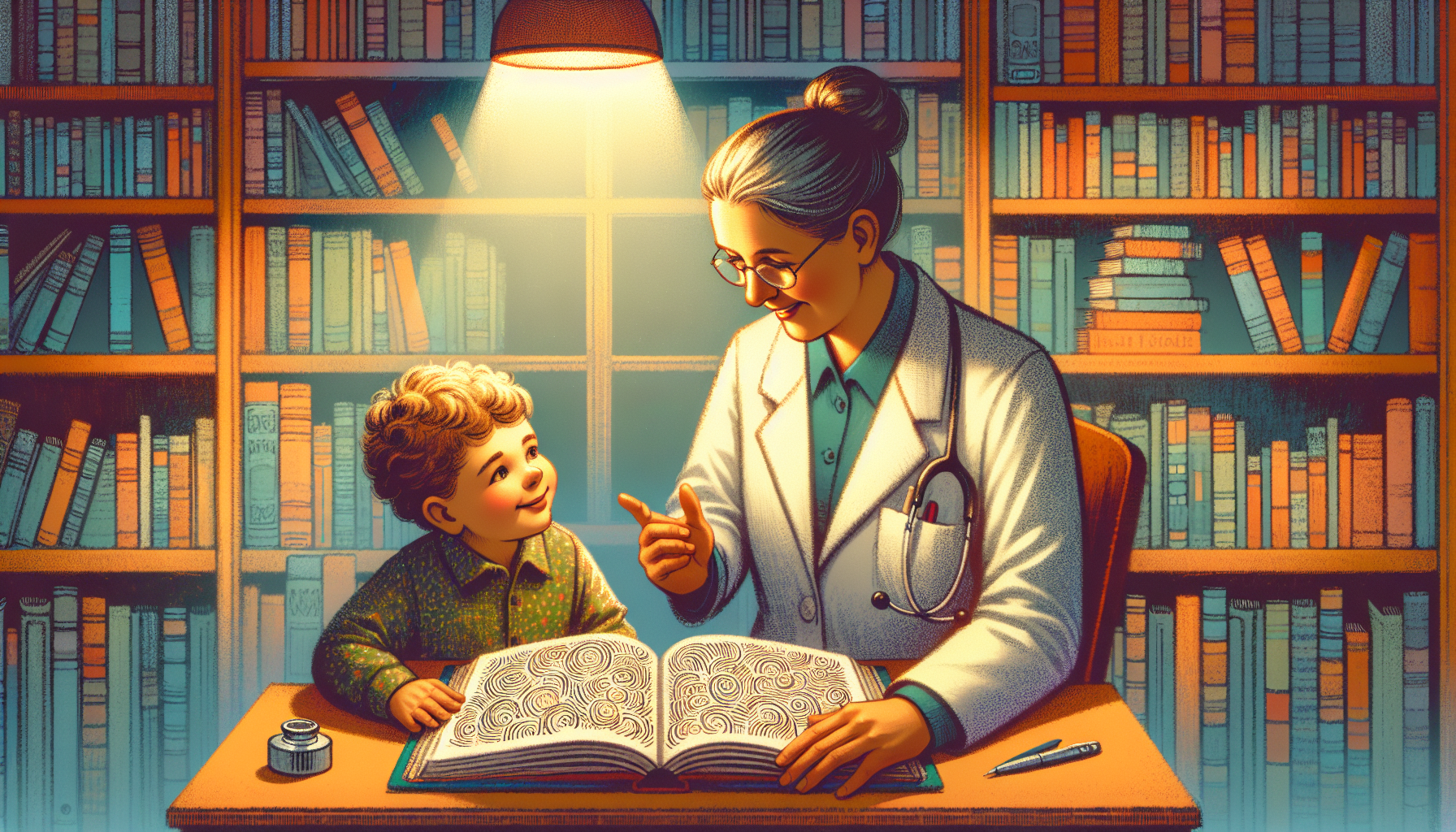 Enfant avec un livre et un orthophoniste