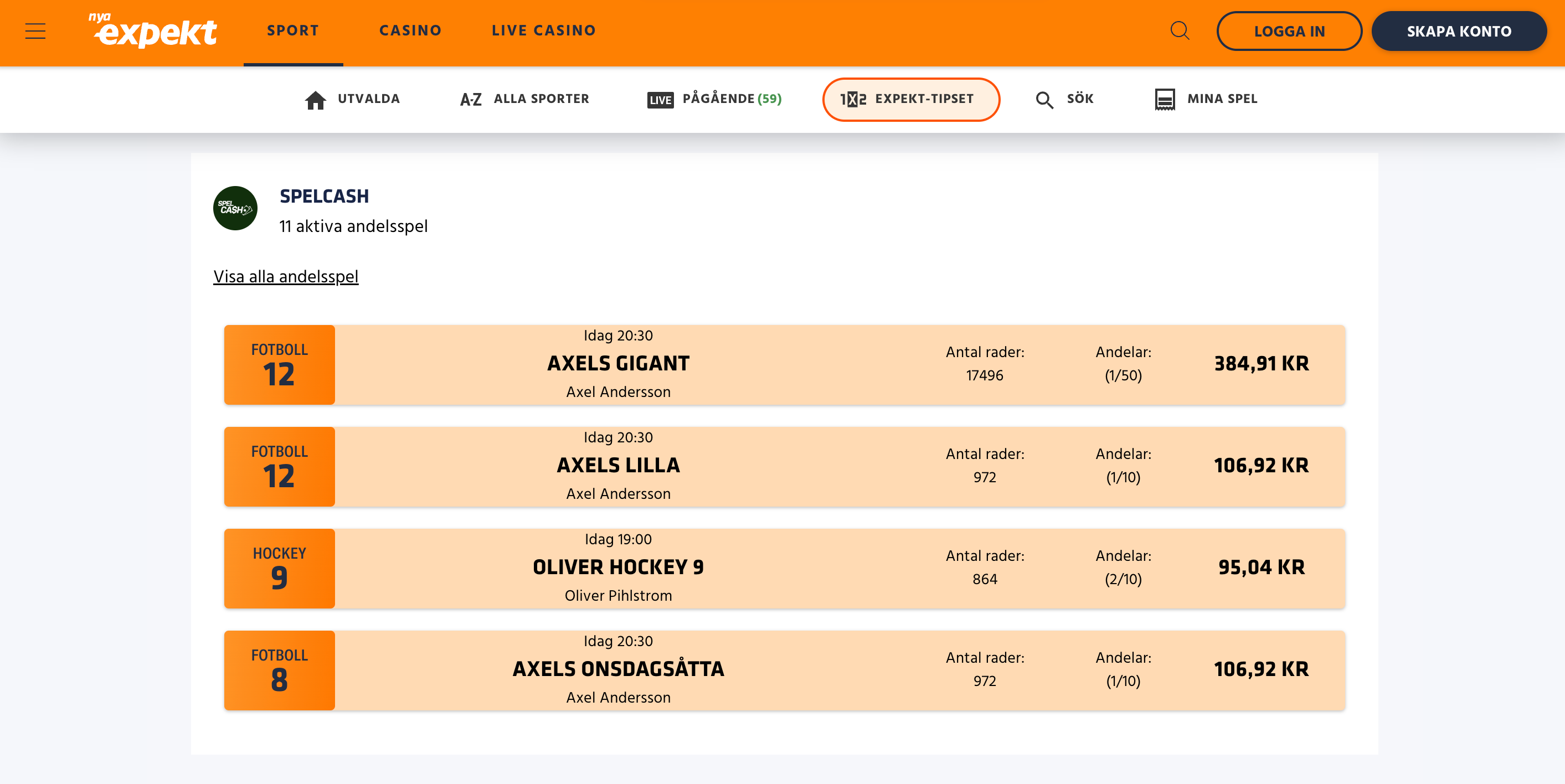 expekt-tipset andelsspel spelcash andelar