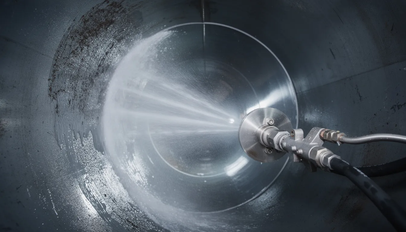 The image depicts high-pressure water jetting equipment being used to clean the interior of a sewer line, effectively removing debris and buildup for a healthy plumbing system. This professional sewer cleaning method helps prevent costly repairs by addressing potential issues like tree root intrusion and clogged drains.