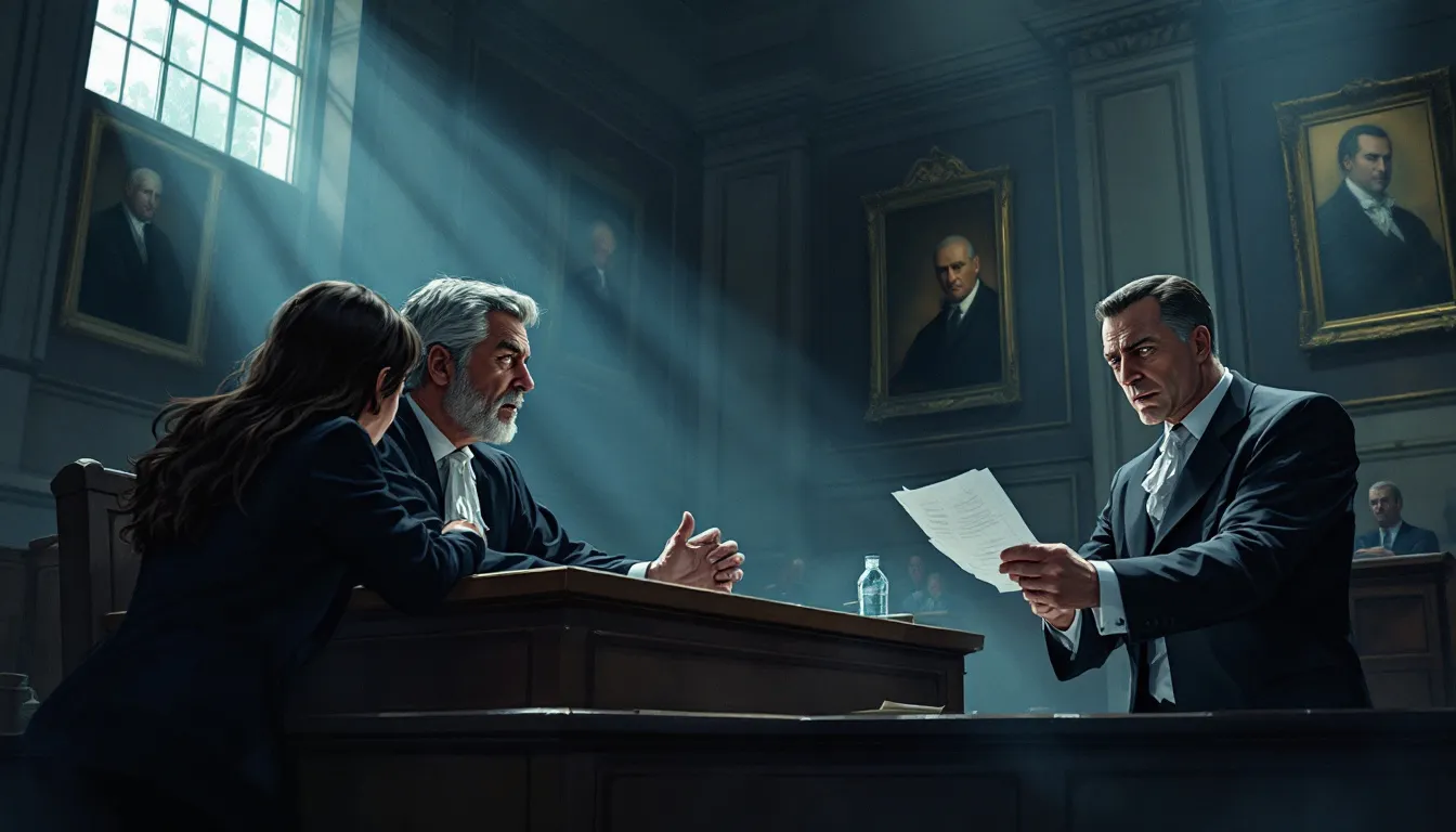 An illustration of a courtroom with a judge receiving evidence during a custody hearing.