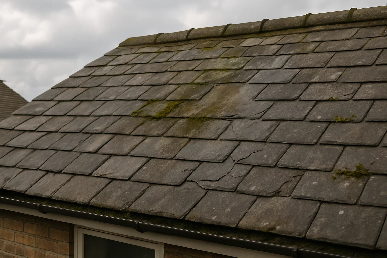 Close-up of a residential roof showing cracked slate tiles and early signs of roof damage under cloudy UK weather.