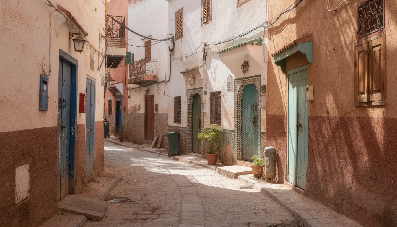 A narrow, winding alleyway in a Moroccan medina showcases traditional architecture bathed in dappled sunlight, inviting visitors to explore the rich history of Marrakech and its connection to the seven saints, including Sidi Youssef Ben Ali and Sidi Bel Abbas. The vibrant atmosphere reflects the essence of the city's spiritual heritage and the charm of its ancient streets.