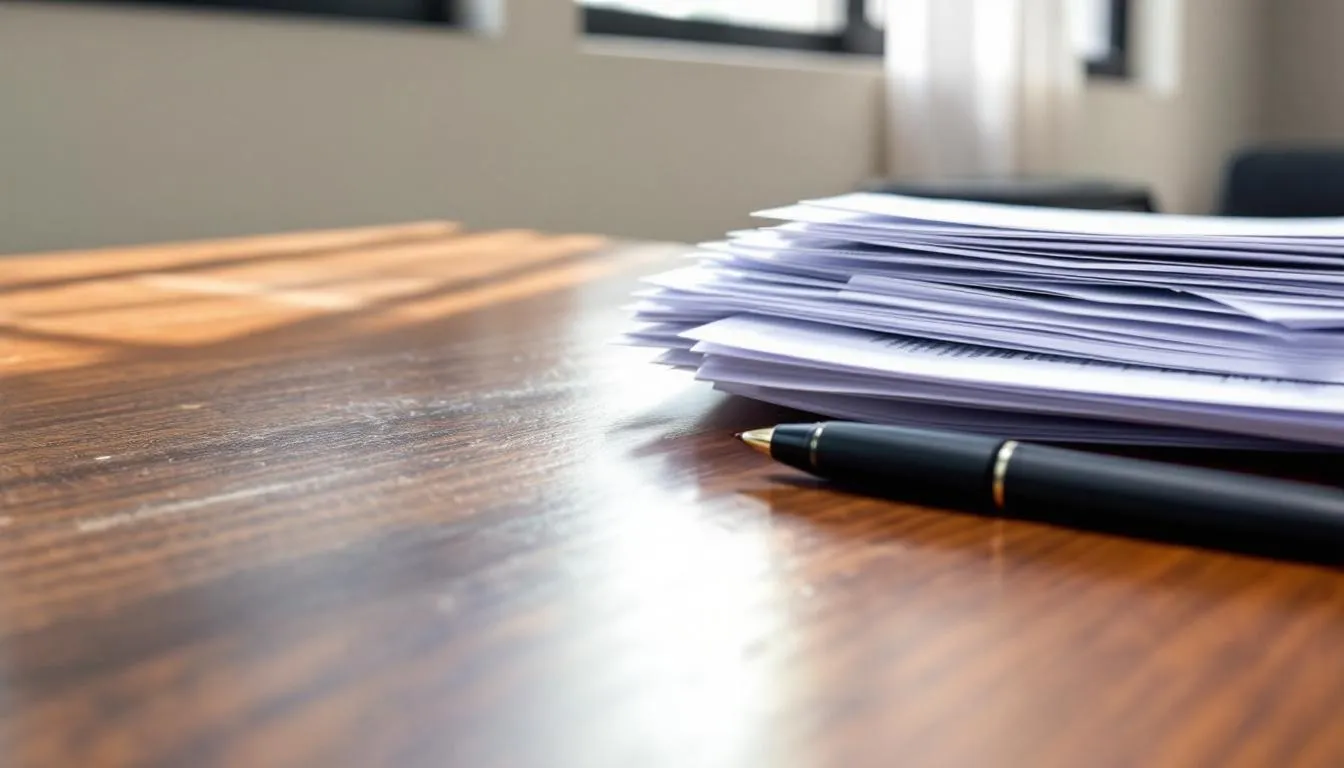 Na biurku znajdują się dokumenty oraz długopis, które są używane do wypełniania formularzy związanych z założeniem spółki cywilnej. Obok leżą umowy spółki oraz inne istotne dokumenty dotyczące wspólników spółki cywilnej.