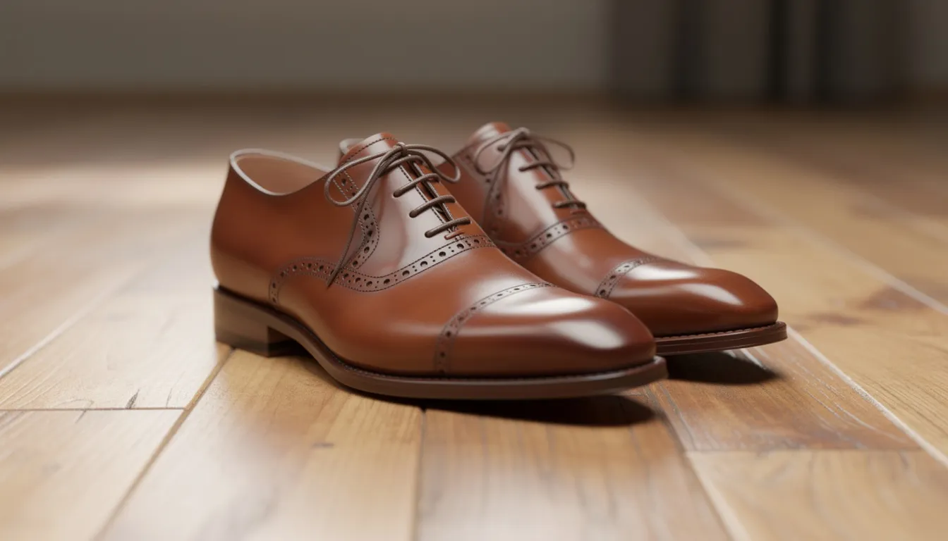 Brązowy Garnitur Ślubny – Jak Wybrać i z Czym Nosić w Dniu Ślubu? 14 Na drewnianej podłodze znajdują się klasyczne brązowe buty oksfordy ze skóry licowej, które doskonale komponują się z eleganckim stylem męskim. Te ponadczasowe buty przyciągają uwagę swoim formalnym charakterem, idealnie pasując do brązowego garnituru lub stylizacji smart casual.