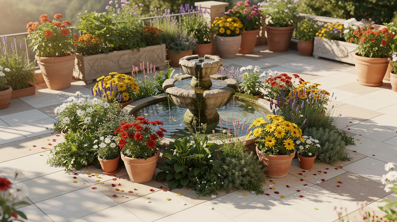 Ein sonniger Garten mit einem kleinen Natursteinbrunnen, umgeben von bunten Blumen und Pflanzen auf einer Terrasse, bietet eine entspannende Atmosphäre. Der solarbetriebene Brunnen, der ohne Stromanschluss funktioniert, ist ein Blickfang und sorgt für ein angenehmes Plätschern im Freien.