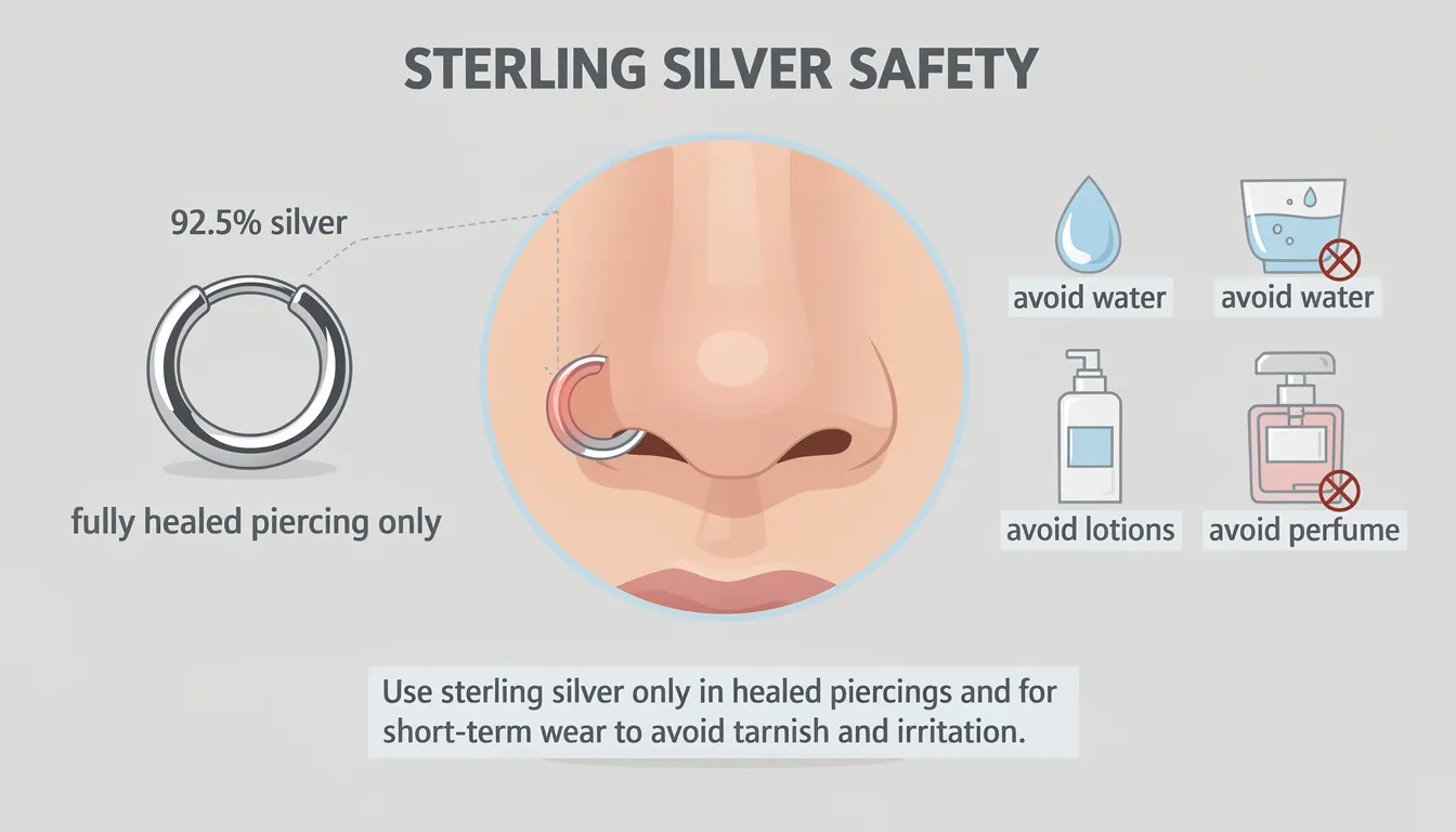 The image showcases a collection of elegant sterling silver nose rings and studs, designed for everyday wear. Each piece features a smooth finish and is crafted to enhance the style of healed piercings, making them a beautiful addition to any jewellery collection.