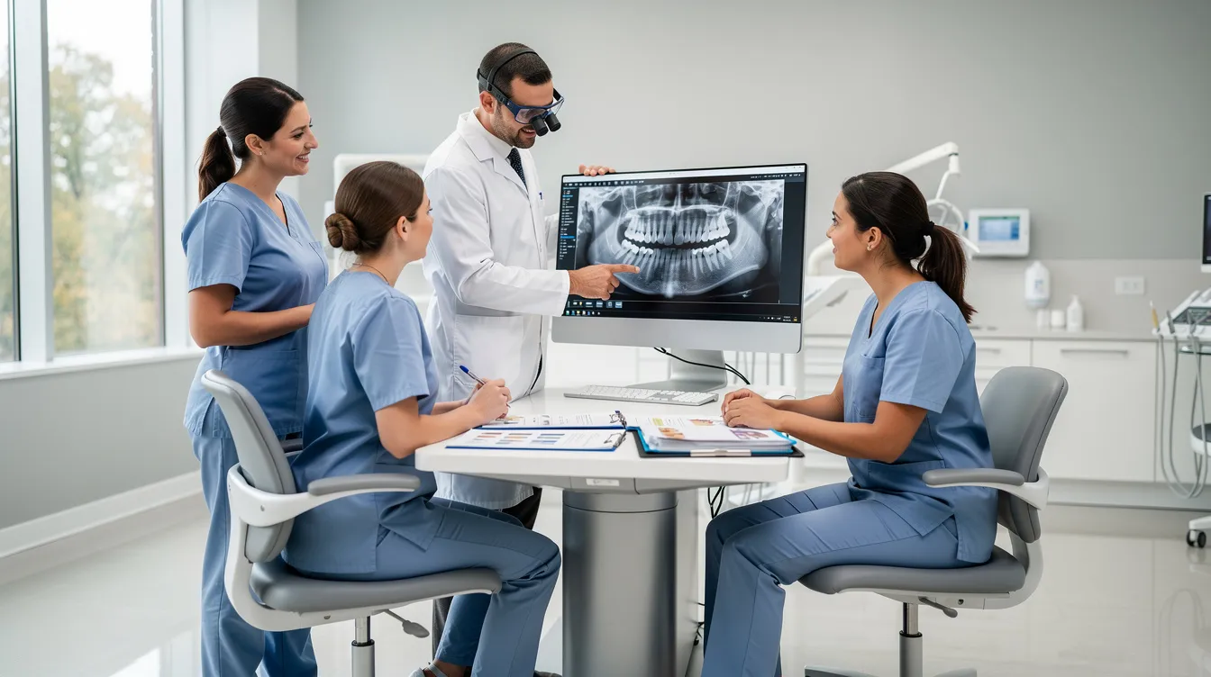 A dental team is gathered around a workstation in a modern office, discussing the dental billing process and reviewing patient data to ensure accurate coding and timely payment from insurance providers. This collaborative environment highlights their commitment to optimizing patient satisfaction and the financial health of the dental practice.