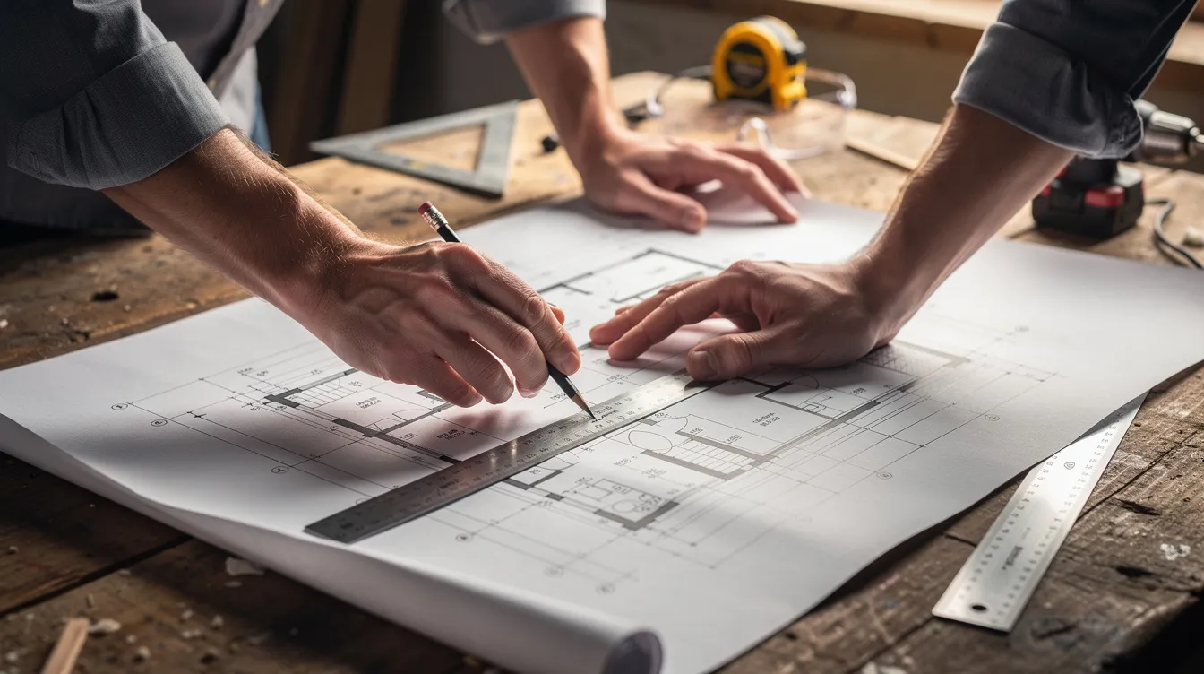 A close-up view of a person intently examining architectural blueprints laid out on a workbench, surrounded by various construction tools, illustrating the process of flipping houses in Texas. This image captures the meticulous planning that goes into real estate investments, highlighting the importance of finding deals and maximizing potential ROI.