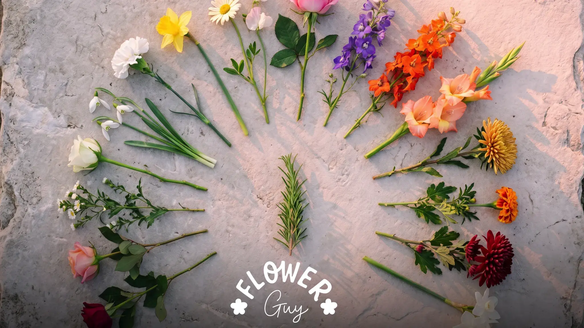 Twelve birth month flowers arranged in a calendar grid on a wooden table at dawn, with handwritten month tags