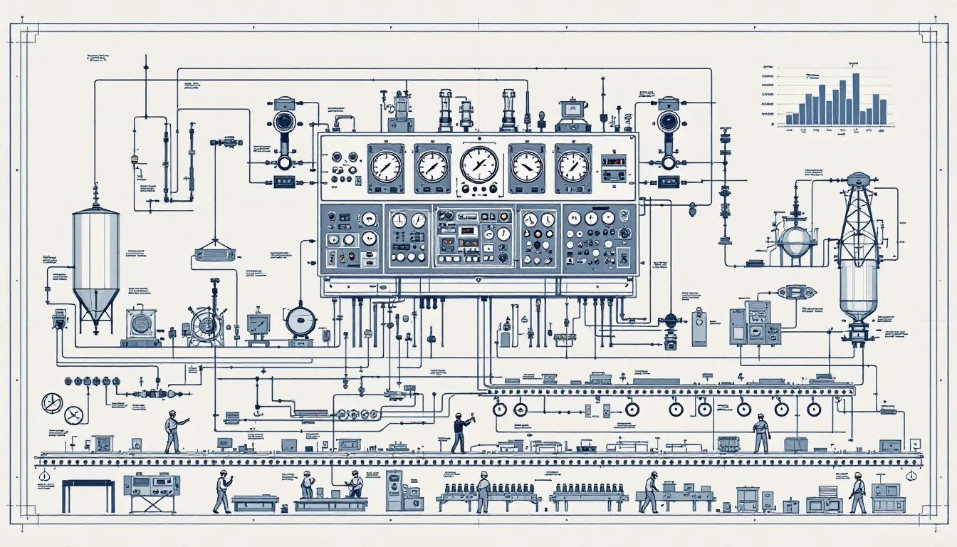 Key components of effective manufacturing process monitoring systems displayed in a diagram.
