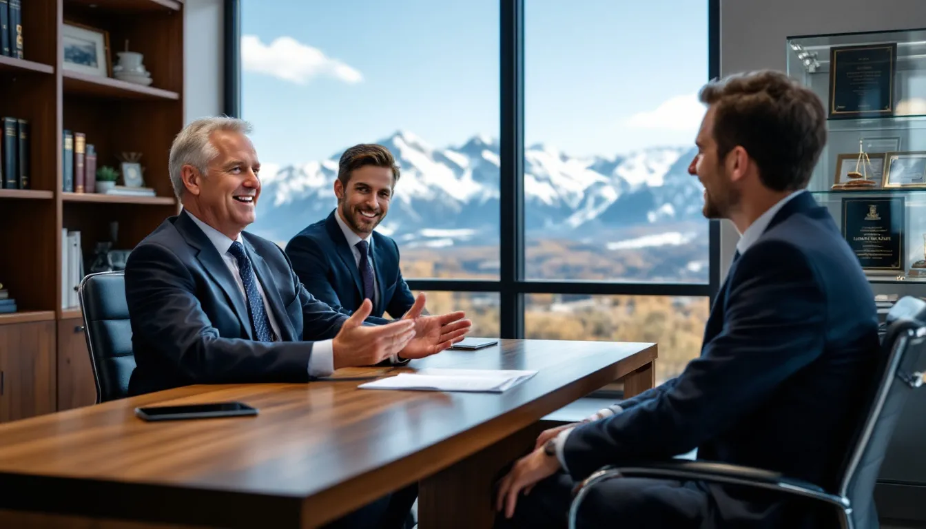 In a bright office in Centennial, Colorado, attorney Steve Johnston is engaged in a discussion with a satisfied client, both smiling as they review documents related to a workers compensation claim. The scenic backdrop visible through the window adds to the positive atmosphere, reflecting the hope for fair compensation for workplace injuries.