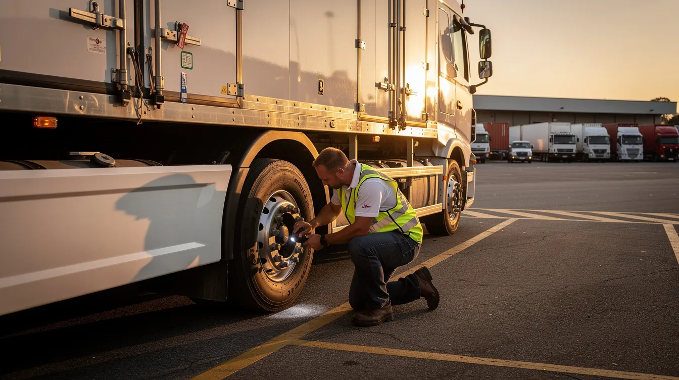 A professional truck driver is inspecting the condition of a large delivery vehicle, ensuring it is ready for safe auto transport to New Mexico. The scene highlights the importance of vehicle inspection in the car shipping process, emphasizing reliability for customers in need of car shipping services.