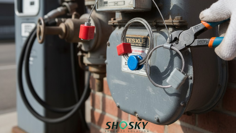 Red, blue, grey wire seals on meter