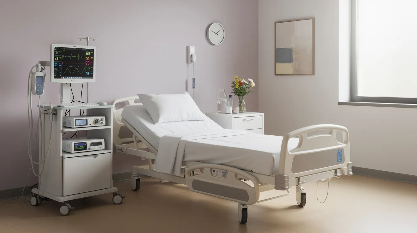 The image depicts a hospital recovery room featuring a comfortable bed alongside various medical monitoring equipment, creating a serene environment for patients recovering from surgical procedures such as skin removal surgery after weight loss. This space is designed to support healing for those undergoing body contouring or other cosmetic surgeries.