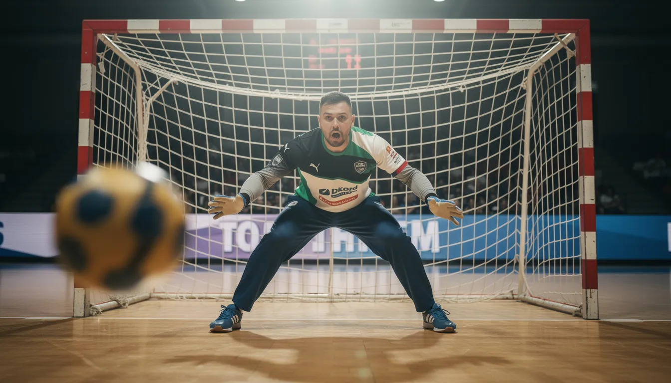 Ein Handball-Torwart befindet sich in tiefer Grundstellung vor dem Tor, bereit, einen Wurf abzuwehren. Die Szene zeigt die Konzentration und die Bewegungsbereitschaft des Torwarts, der auf die kommenden Herausforderungen im Torwarttraining vorbereitet ist.