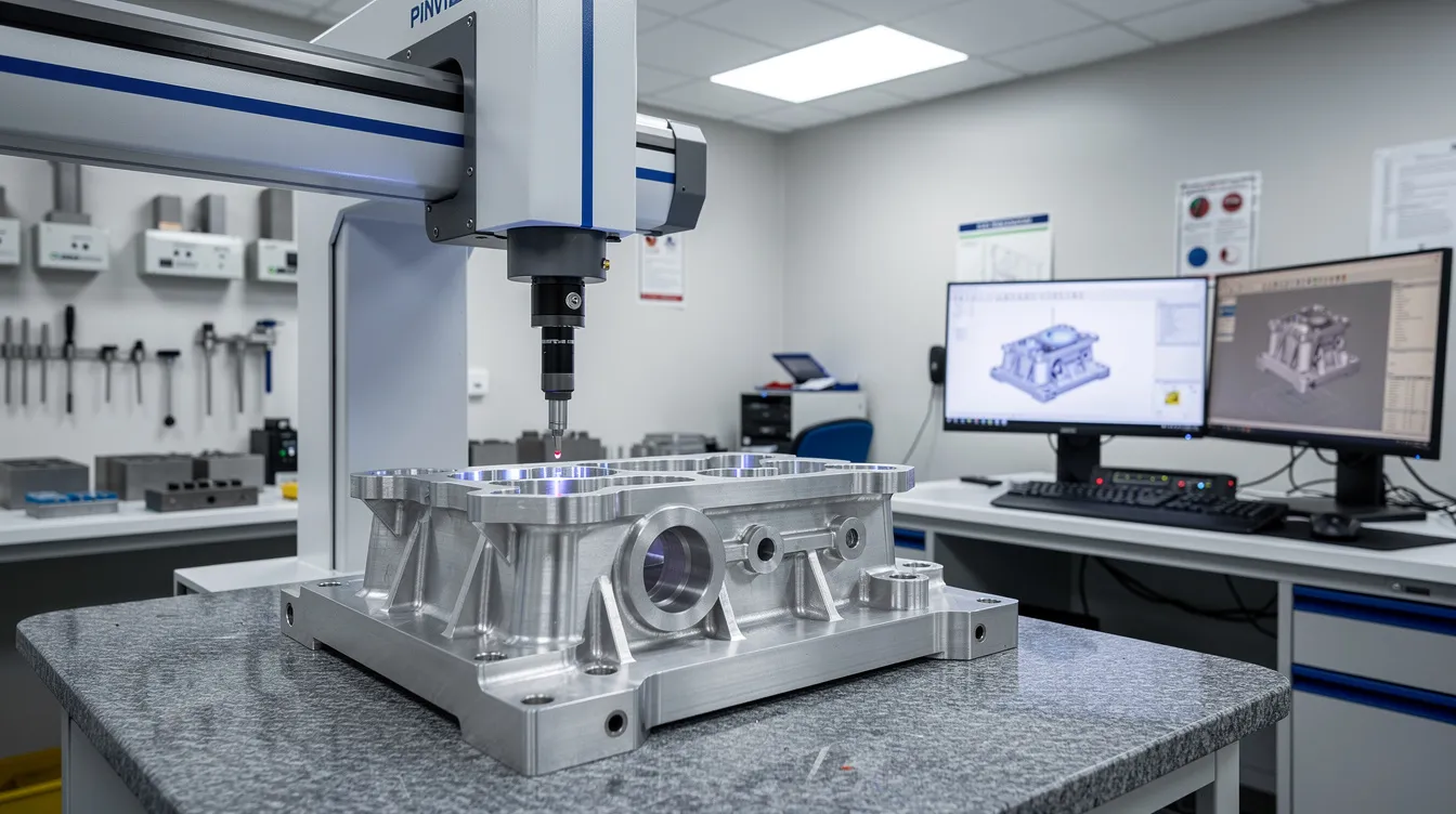 The image depicts a modern quality control laboratory featuring a coordinate measuring machine that is meticulously inspecting a precision aluminum component, highlighting the advanced technology used in the aluminum die casting industry. This scene emphasizes the importance of quality assurance and tight tolerances in the die casting process.