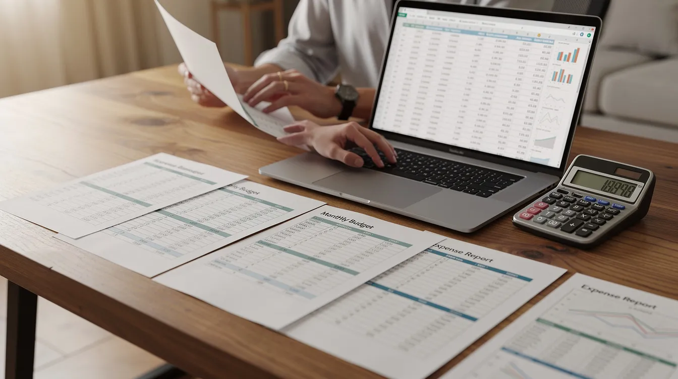 The image shows a person focused on their laptop, surrounded by a calculator and various financial documents on a wooden desk, indicating a process of analyzing debt service coverage ratios and rental income for investment properties. This scene reflects the meticulous work of real estate investors, particularly in the context of Georgia's real estate market.