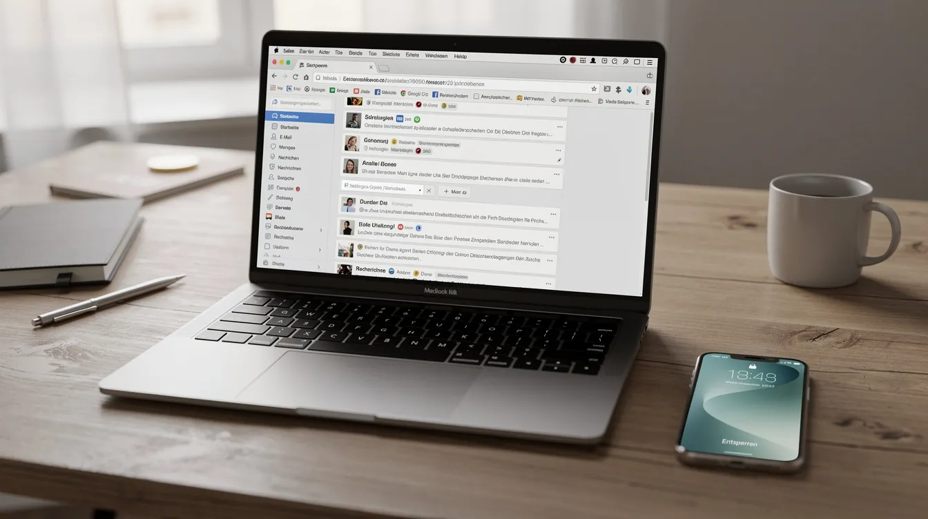 Ein offenes Laptop auf einem Schreibtisch zeigt mehrere geöffnete Browsertabs, darunter Informationen zum Kauf von Bitcoin und Kryptowährungen. Daneben liegt ein Smartphone, das ebenfalls für den Zugriff auf Krypto-Broker und Handelsplattformen genutzt werden kann.