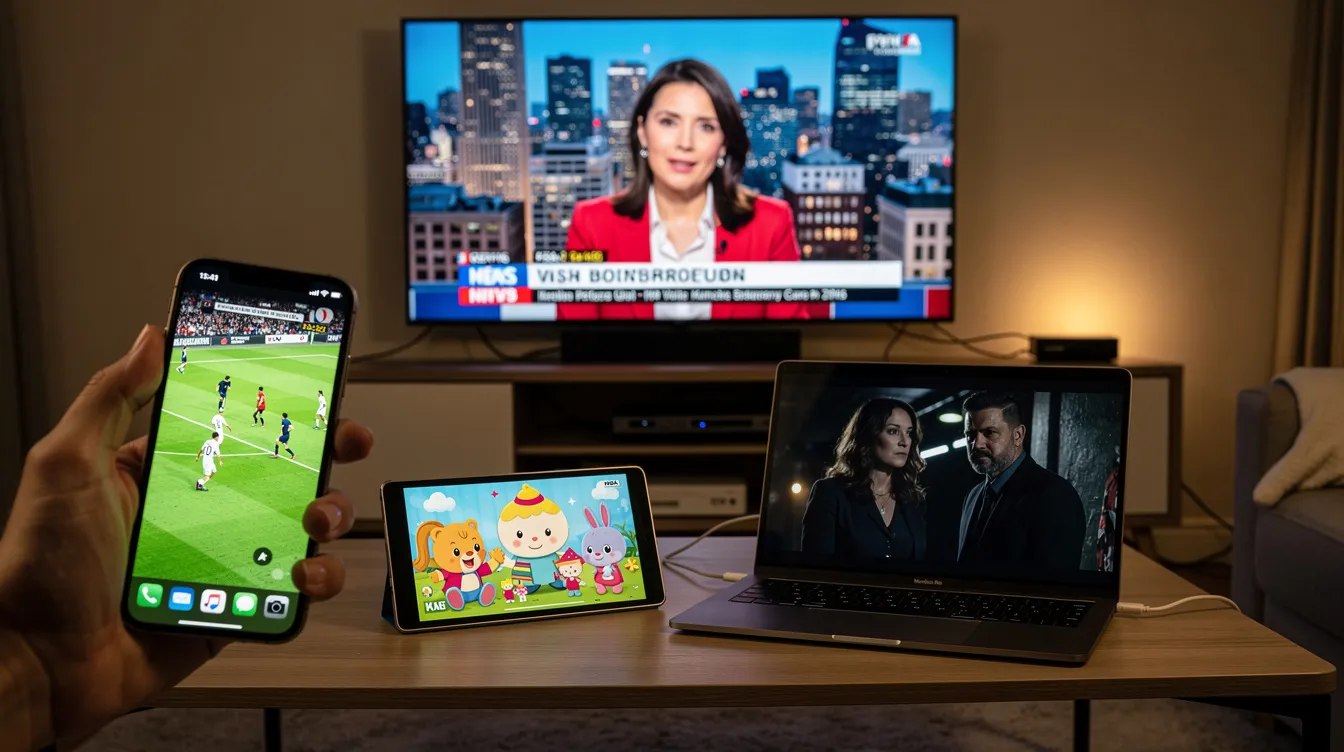 The image features multiple streaming devices, including a smartphone, tablet, laptop, and smart TV, all showcasing different live TV channels simultaneously, highlighting the versatility of IPTV services for entertainment. This scene illustrates the convenience of watching live content across various devices, catering to sports fans and viewers interested in premium channels.