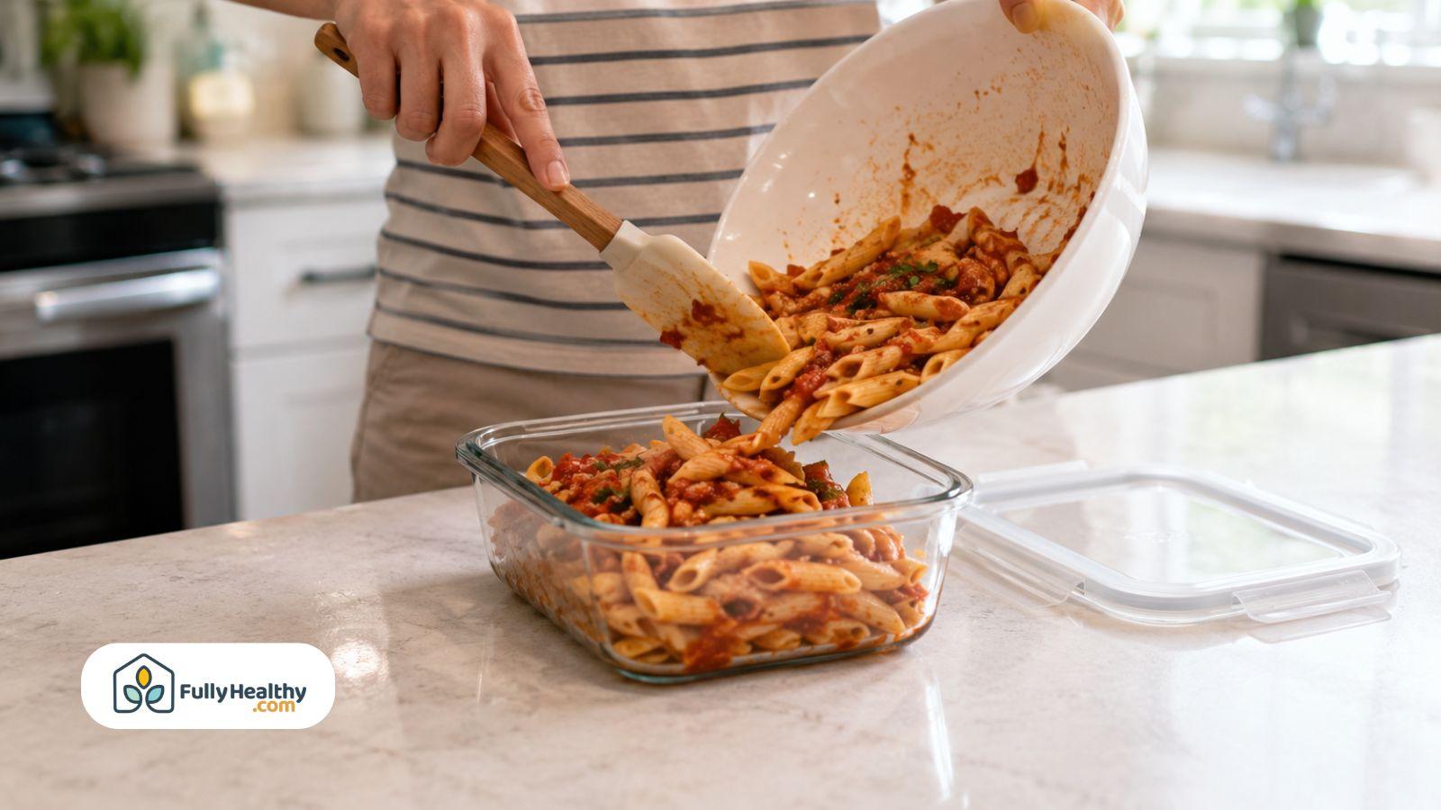 Transferring leftover penne pasta with tomato sauce into airtight storage container.