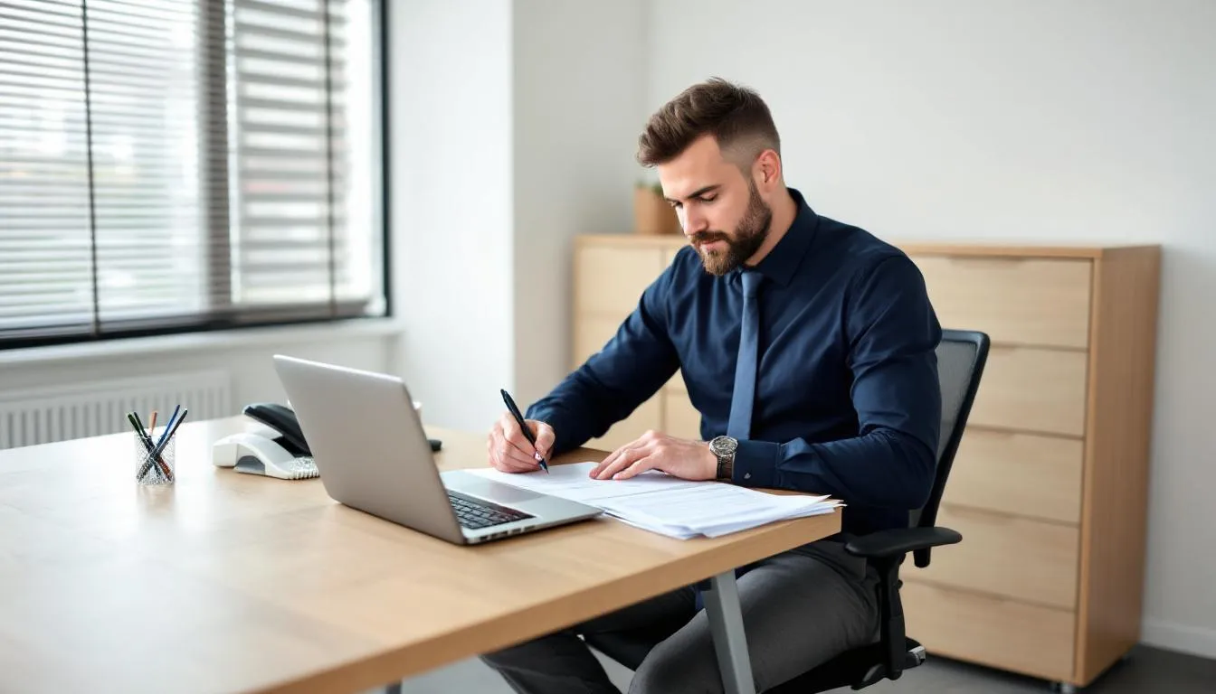 In einem Büro sitzt ein Mitarbeitender an einem Schreibtisch und füllt einen Antrag auf Gehaltsvorschuss aus, um eine Lohnvorauszahlung von seinem Arbeitgeber zu beantragen. Der Antrag könnte Informationen über die Höhe des gewünschten Vorschusses und die Umstände enthalten, die diesen Antrag rechtfertigen.
