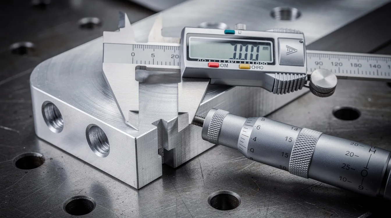 The image shows a close-up view of precision measuring instruments, including digital calipers and a micrometer, placed on a machined aluminum part, highlighting the high precision tools used by CNC machinists in the machining process. This setup exemplifies the essential equipment and skills required in the manufacturing industry for accurate measurements and quality control.