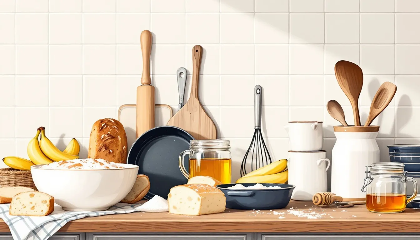 Baking essentials for home bakers, featuring various baking tools.