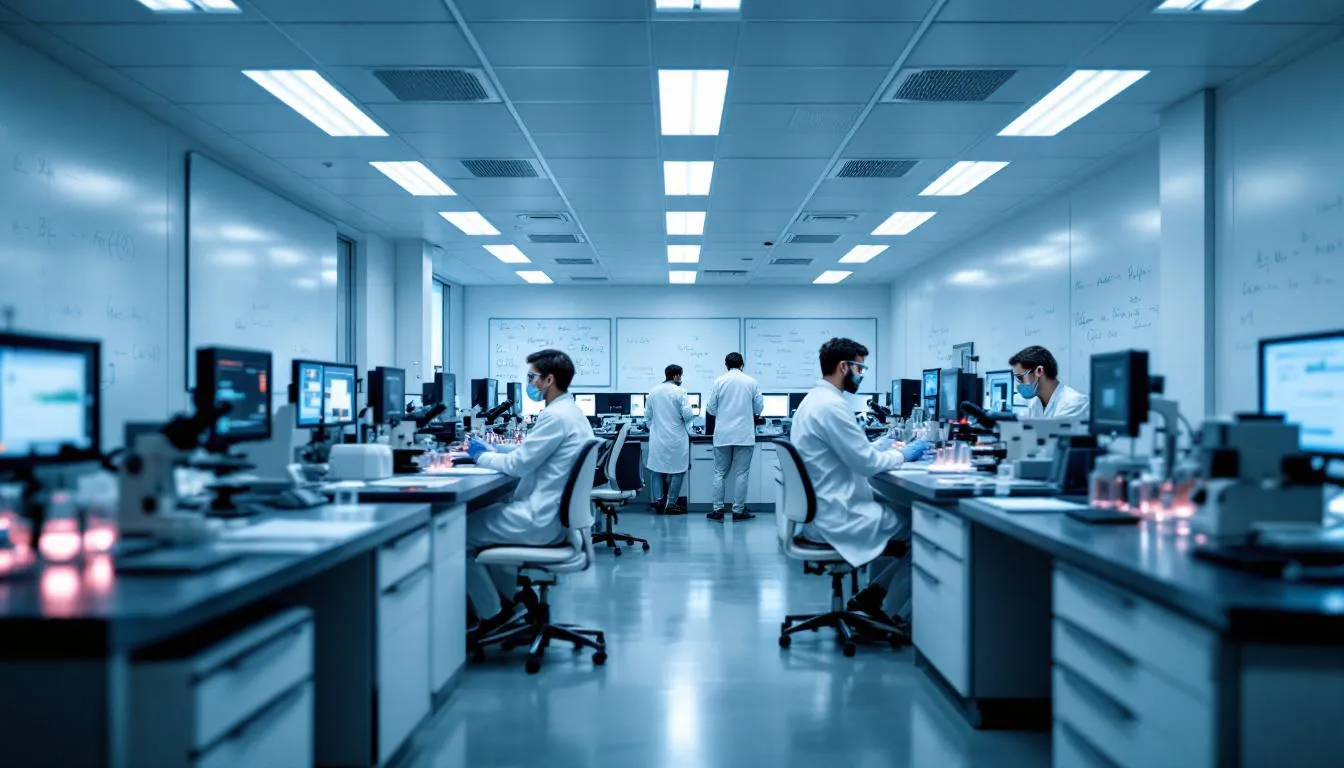 The image depicts scientists engaged in research within a laboratory, utilizing microscopes and various test equipment to explore the effects of magnesium supplementation on health. Their work may focus on understanding how magnesium levels influence blood pressure, brain health, and overall cardiovascular health.