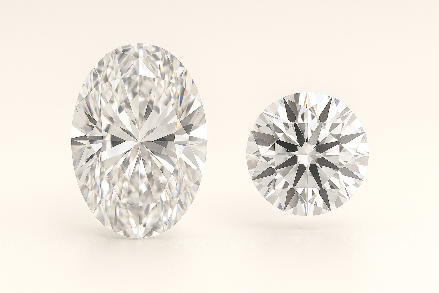 Ovalo formos deimantas ir apvalus briliantas, abu tokio paties karato svorio, palyginimui parodyti, kaip ovalas vizualiai atrodo didesnis.