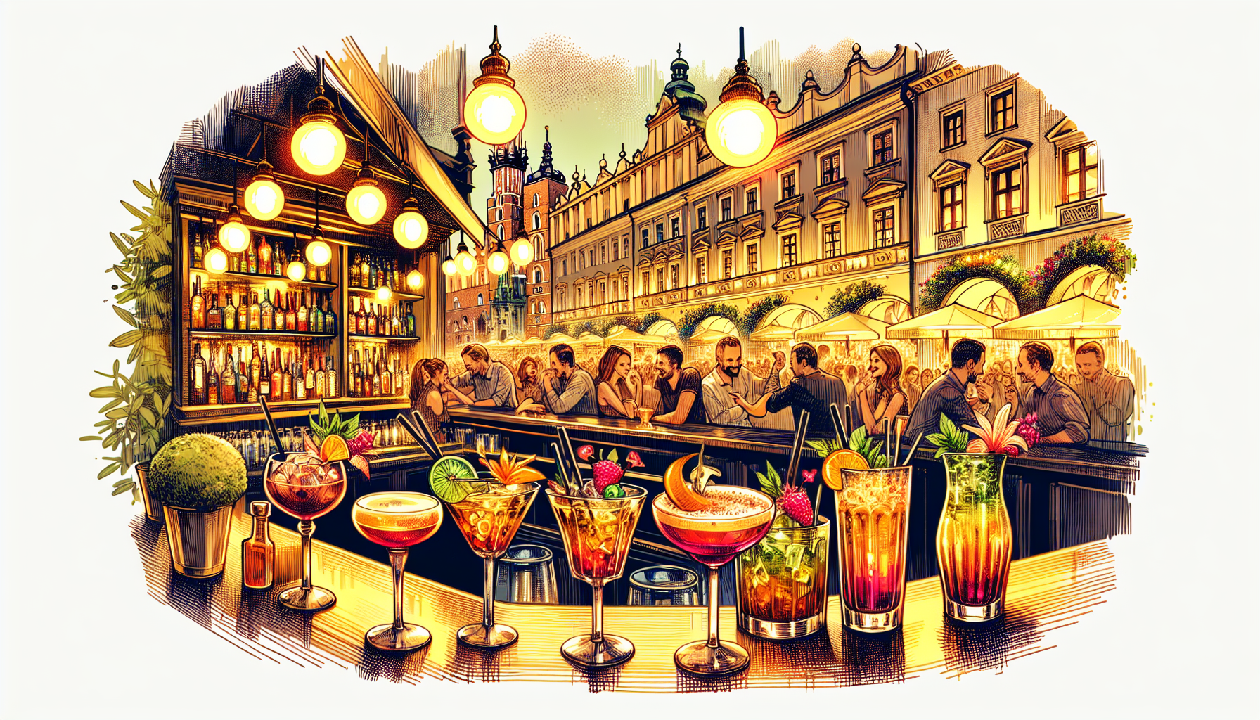 En livlig cocktailbar scene i Krakows gamle by med folk der nyder drinks.
