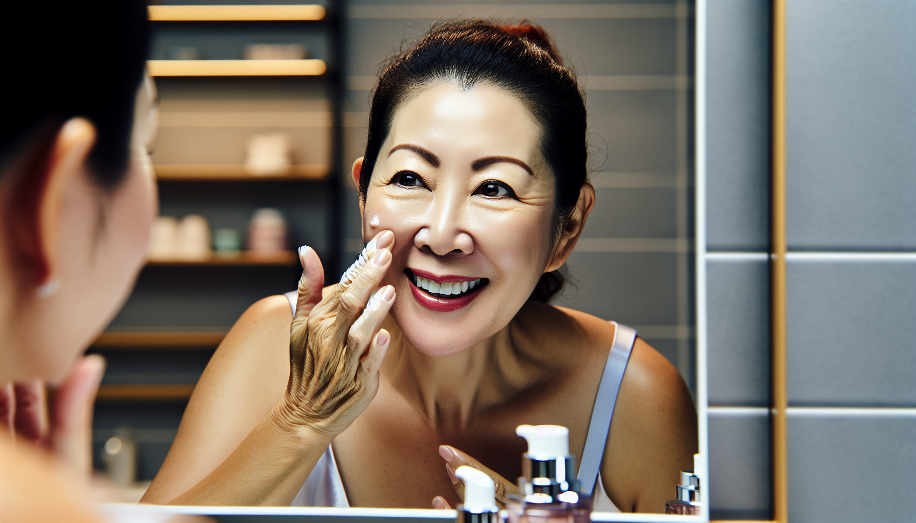 Woman applying skincare product with visible improvement in skin texture
