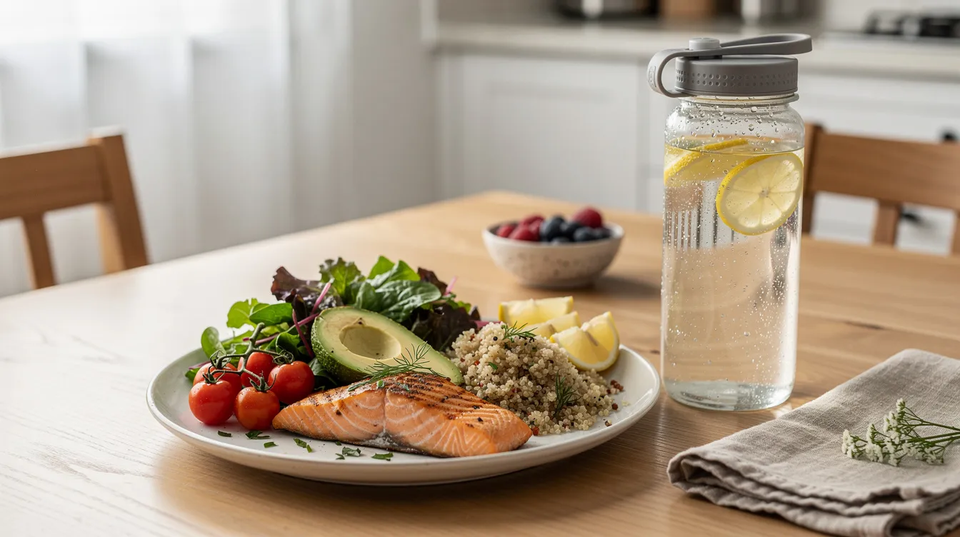 The image features a healthy meal alongside a water bottle on a table, symbolizing the importance of aftercare habits that support the body's natural collagen production, particularly after undergoing procedures like the liquid BBL or traditional Brazilian butt lift. This visual emphasizes the role of nutrition and hydration in achieving desired results and maintaining skin elasticity.