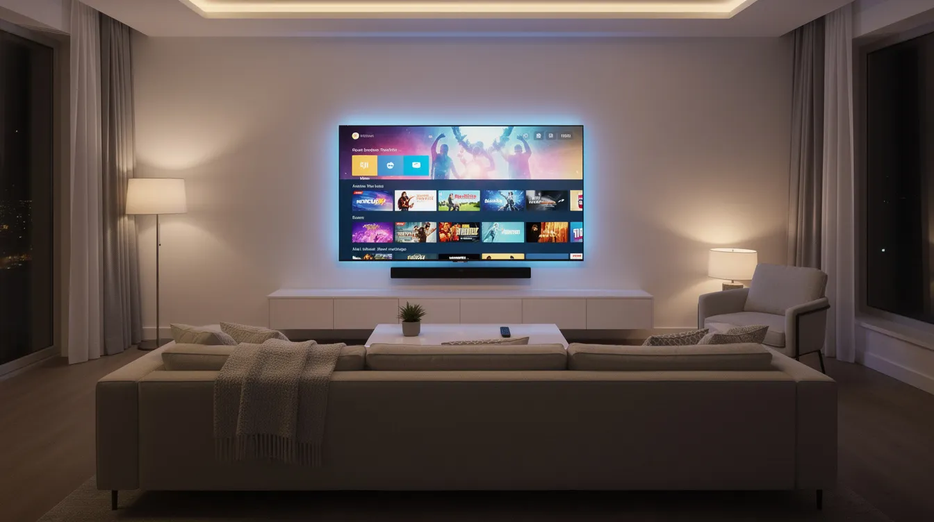 The image depicts a modern living room featuring a large flat screen TV mounted on the wall, displaying a vibrant streaming interface filled with various channels. A cozy couch and ambient lighting create a welcoming atmosphere, perfect for enjoying reliable IPTV services and watching live TV channels.
