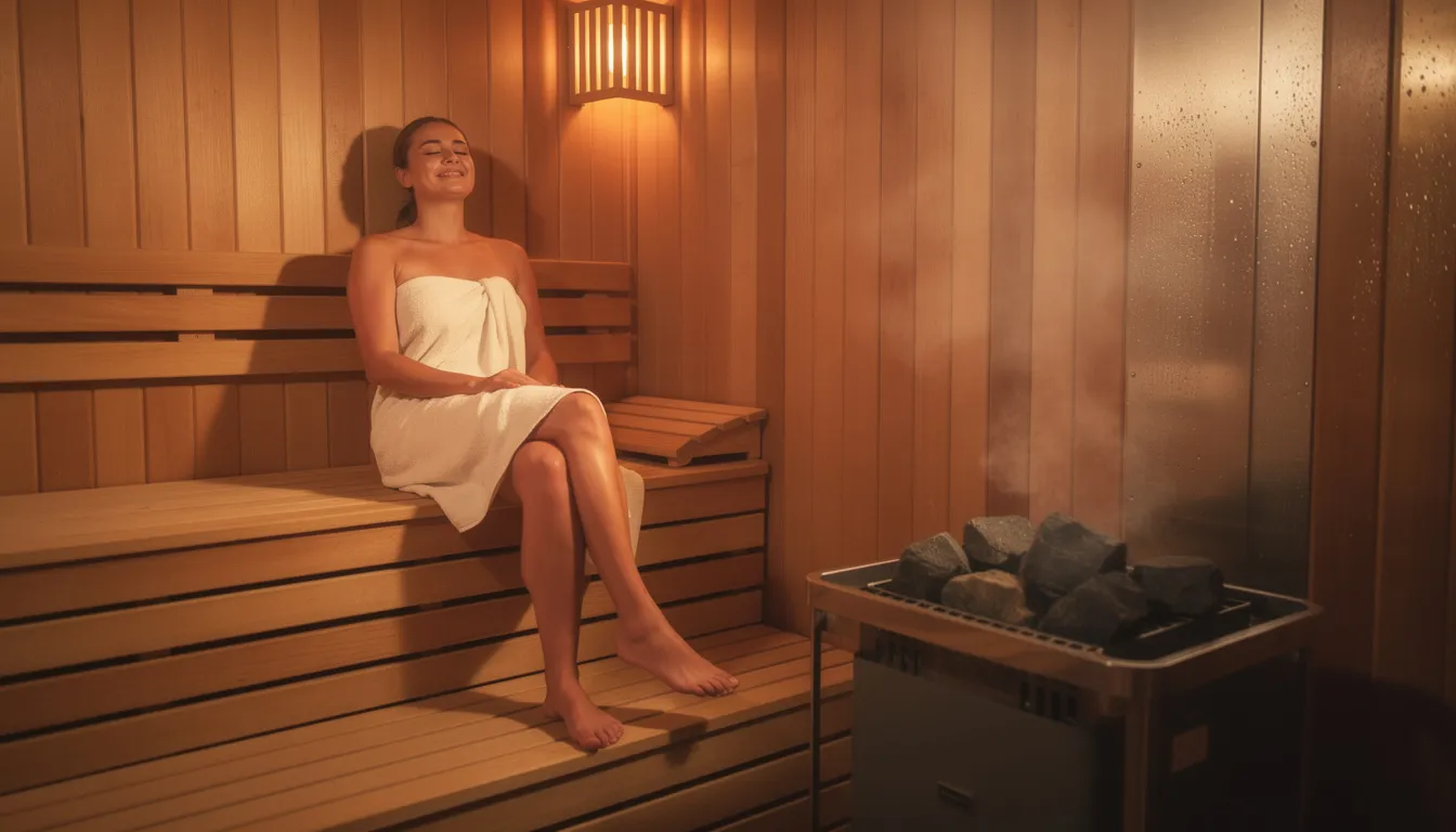 A person is relaxing peacefully inside a traditional wooden sauna, surrounded by gentle steam rising in the warm air. This serene environment is known for its health benefits, including promoting cardiovascular health and reducing chronic inflammation through regular sauna bathing.