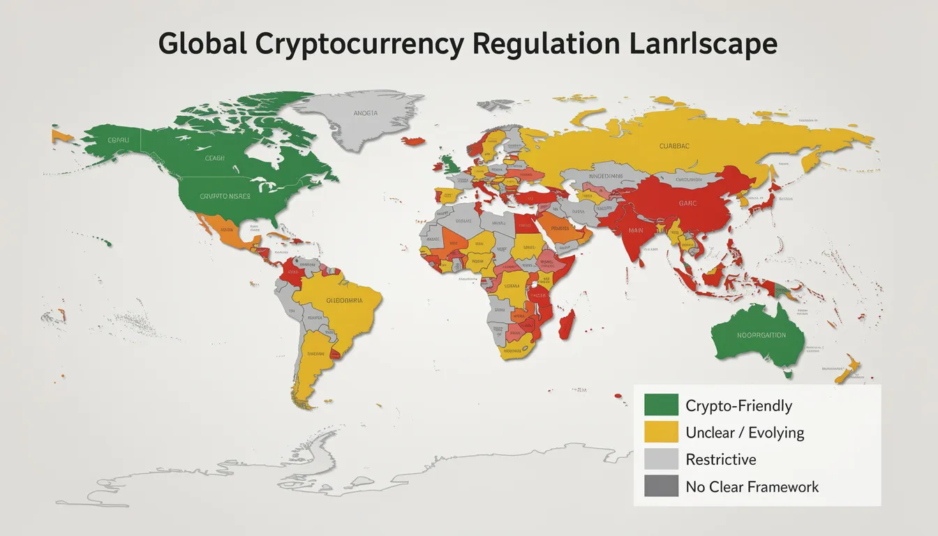The image depicts a world map featuring various colored regions that represent differing regulatory approaches to cryptocurrency, highlighting the global landscape of privacy coins and financial privacy. This visual illustrates the complex interplay between regulations, compliance, and the future of digital assets in the context of blockchain surveillance and user anonymity.