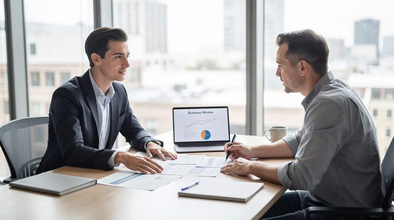b814e269 ac63 4a3a 9eb8 f29a53cd3636 A professional consultant is seated across a desk from a small business owner, both reviewing important documents related to a mudra loan application. The atmosphere is focused as they discuss details about the loan process and repayment capacity, highlighting the importance of proper paperwork in securing financial support for the business.