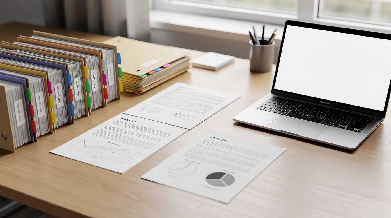 The image shows a tidy desk with neatly organized file folders and documents, alongside a laptop, suggesting a workspace focused on managing personal injury claims or insurance-related matters. This setup may reflect the careful handling of insurance policies, ensuring fair dealing and compliance with New Mexico law.
